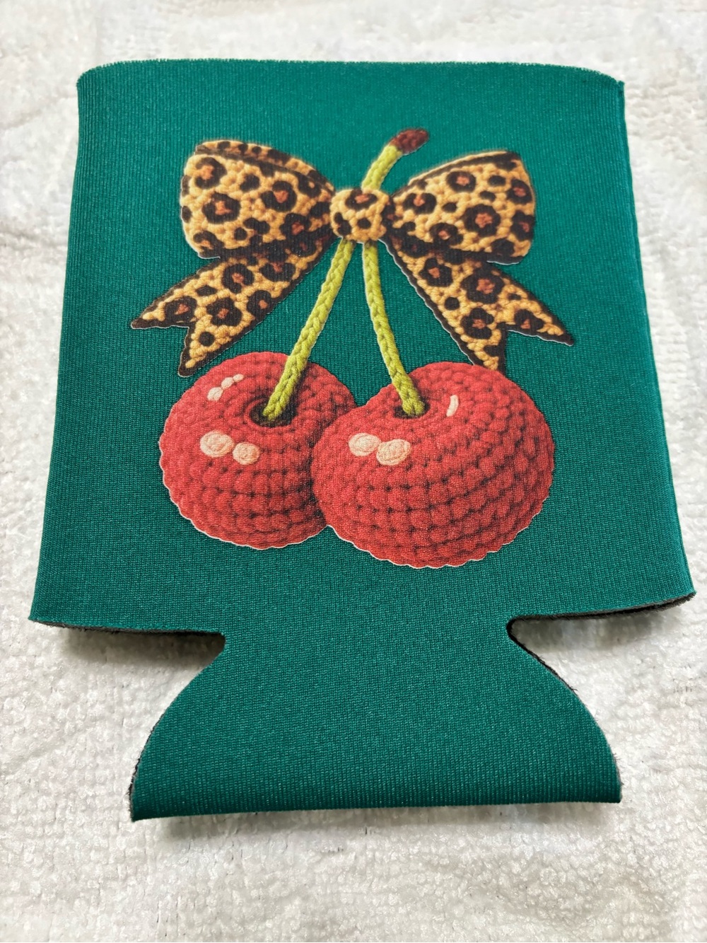 NEW Green Can Cooler with Red Crochet Cherries and Leopard Bow